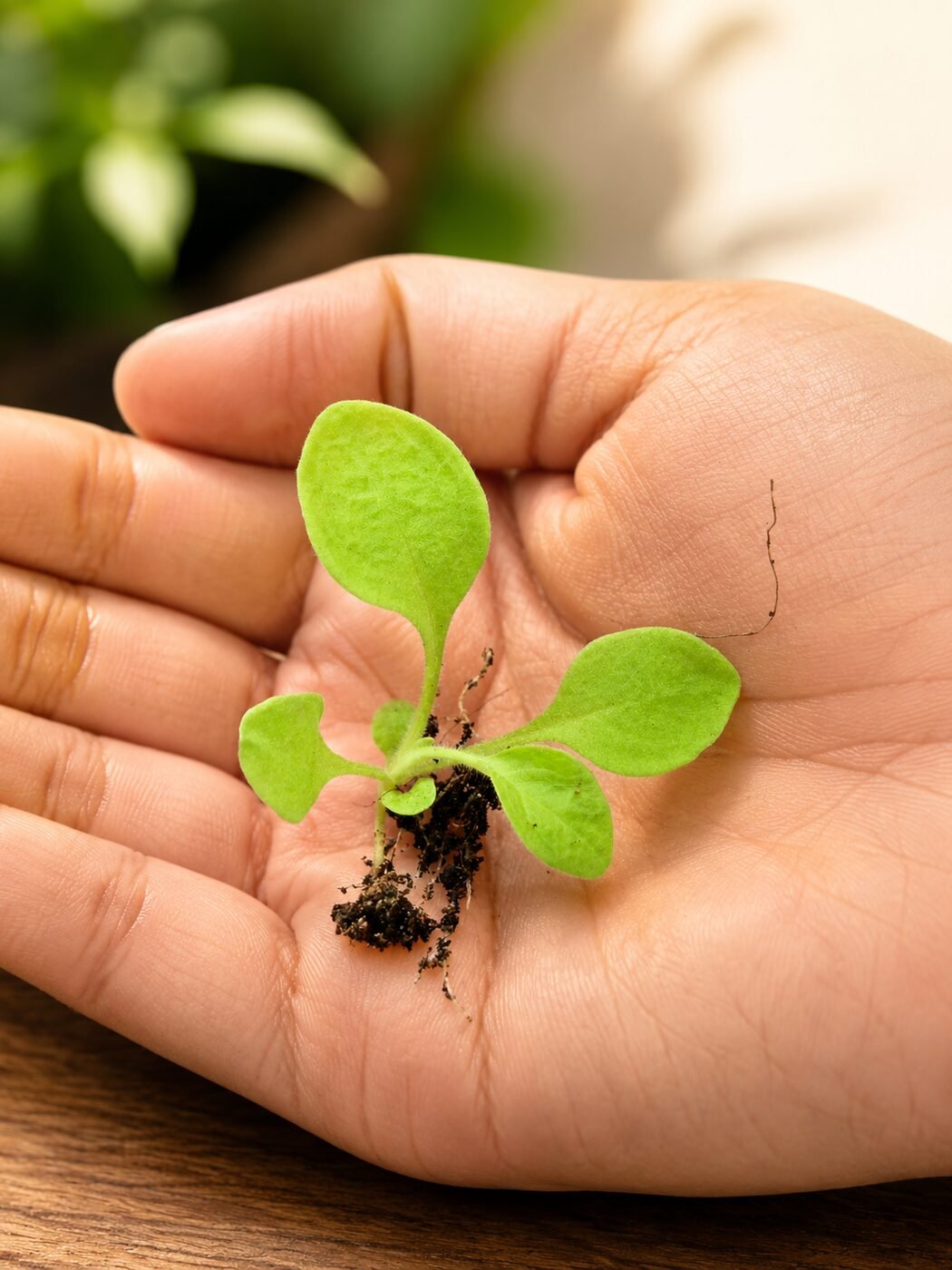 A young seedling cradled in a hand, roots still holding onto soil