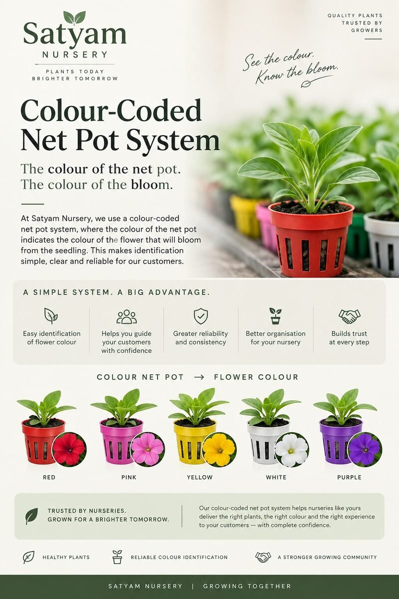 Satyam Nursery colour-coded net pot system, showing pot colour matched to bloom colour
